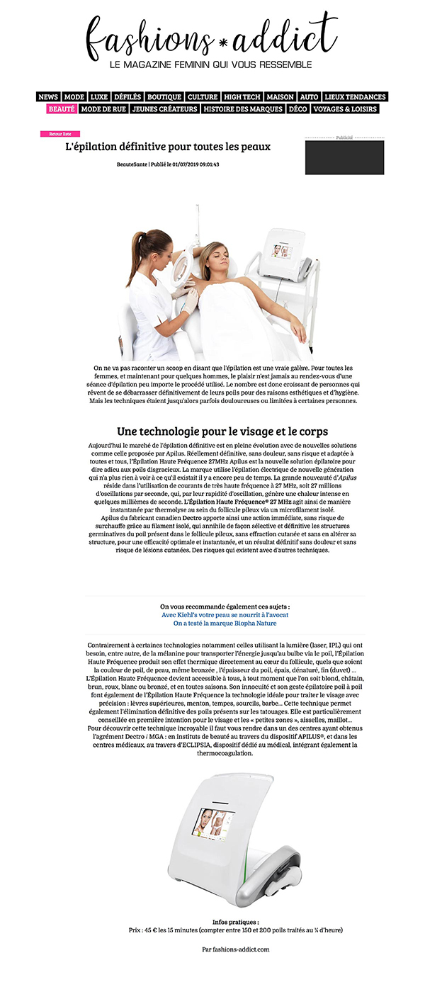 article Fashions Addict - L'épilation définitive pour toutes les peaux - Institut Pyrène