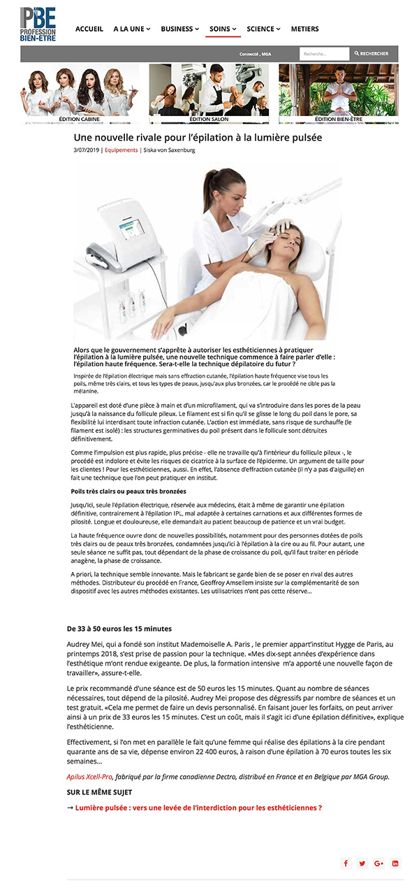 article Profession Bien Être - Epilation définitive haute fréquence - Institut Pyrène