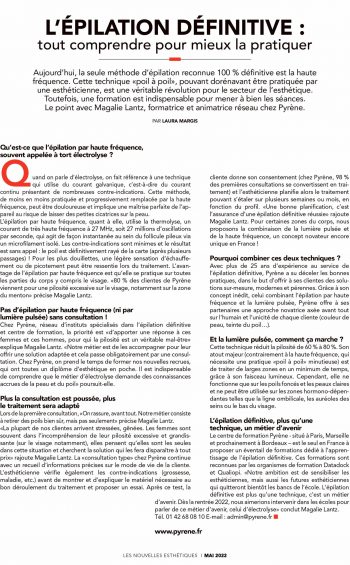 Article Pyrène - Pratique de l'épilation définitive - Nouvelles Esthétiques - mai 2022